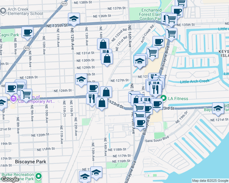 map of restaurants, bars, coffee shops, grocery stores, and more near 1470 Northeast 125th Terrace in North Miami