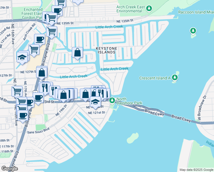 map of restaurants, bars, coffee shops, grocery stores, and more near 2190 Alamanda Drive in North Miami