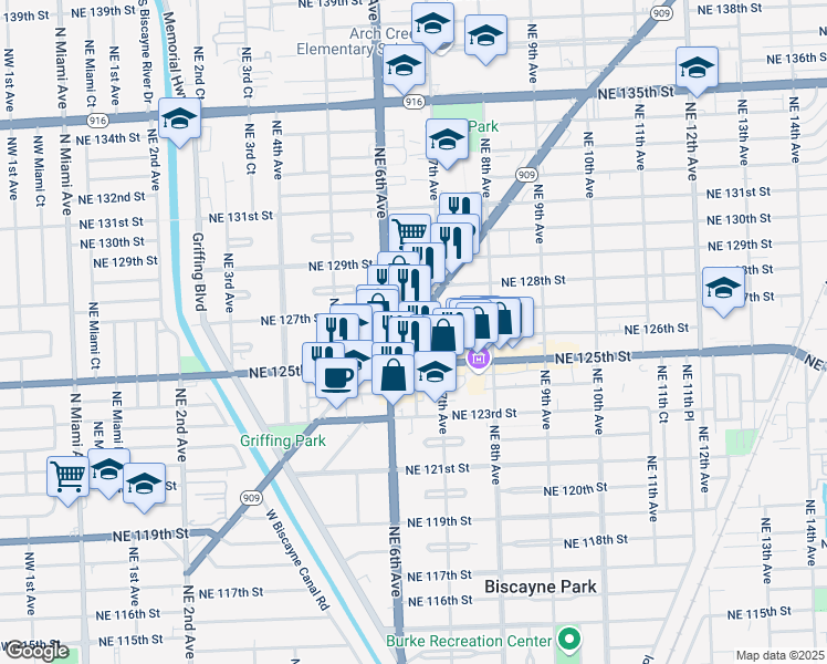 map of restaurants, bars, coffee shops, grocery stores, and more near 12605 Florida 909 in North Miami