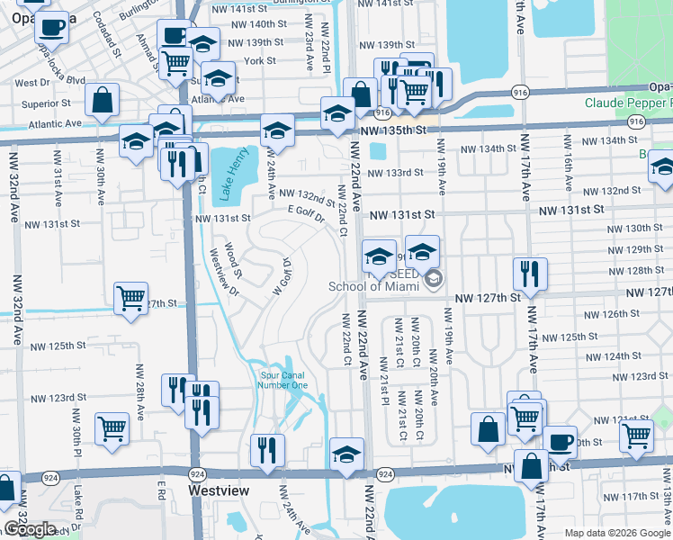 map of restaurants, bars, coffee shops, grocery stores, and more near 12821 East Golf Drive in Miami