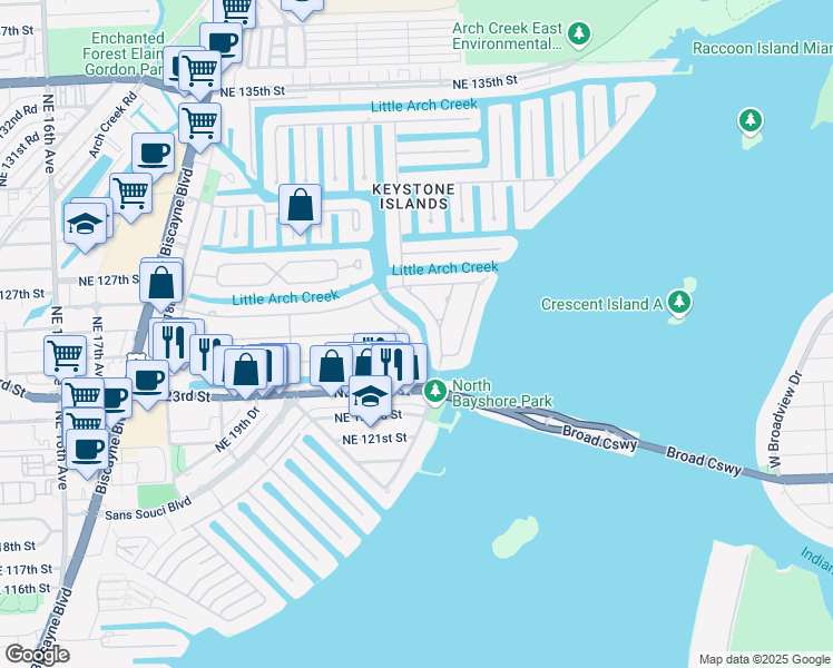map of restaurants, bars, coffee shops, grocery stores, and more near 2190 Alamanda Drive in North Miami
