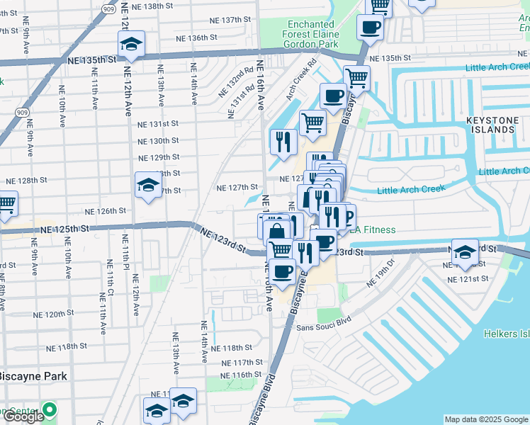 map of restaurants, bars, coffee shops, grocery stores, and more near 1620 Northeast 125th Street in North Miami