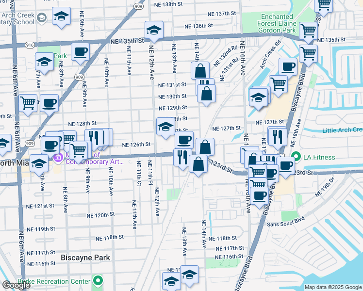 map of restaurants, bars, coffee shops, grocery stores, and more near 12501 Northeast 13th Avenue in North Miami
