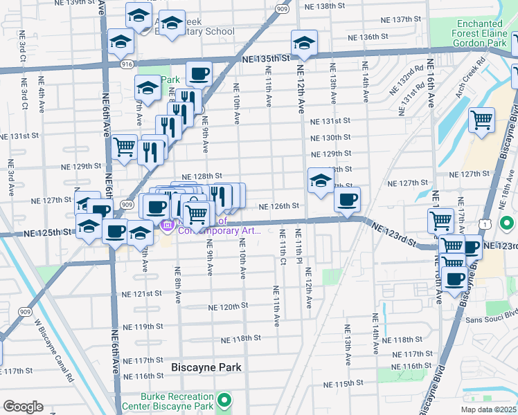 map of restaurants, bars, coffee shops, grocery stores, and more near 1005 Florida 922 in North Miami
