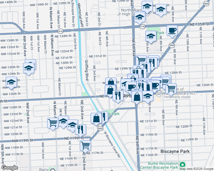 map of restaurants, bars, coffee shops, grocery stores, and more near 340 Northeast 127th Street in North Miami