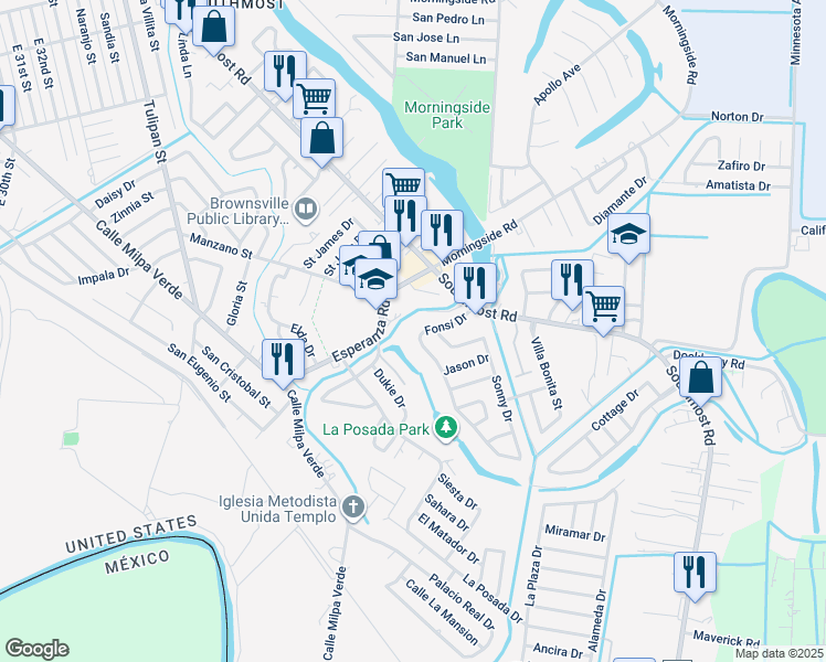 map of restaurants, bars, coffee shops, grocery stores, and more near 4878 Fonsi Dr in Brownsville