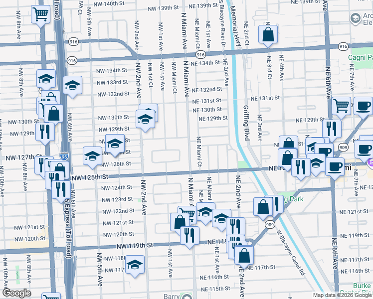 map of restaurants, bars, coffee shops, grocery stores, and more near 12690 North Miami Avenue in North Miami