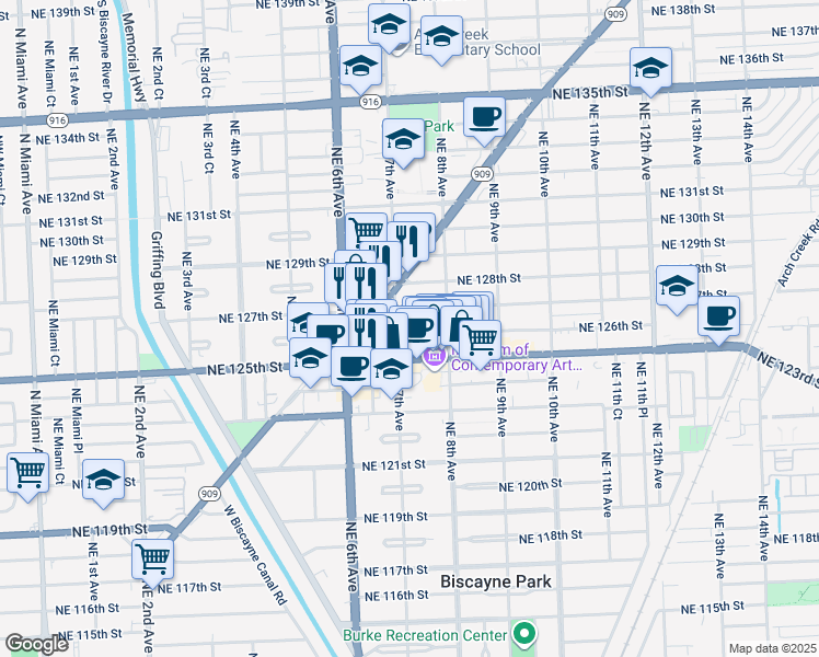map of restaurants, bars, coffee shops, grocery stores, and more near 721 Northeast 126th Street in North Miami
