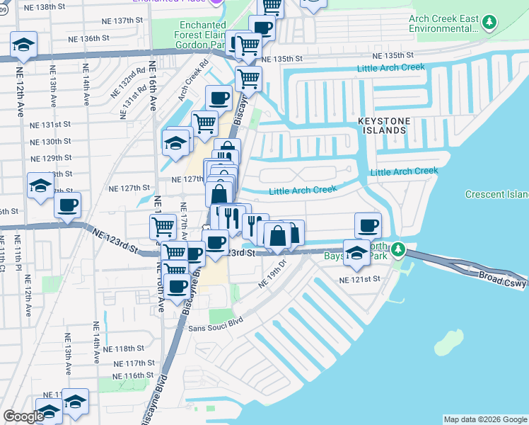 map of restaurants, bars, coffee shops, grocery stores, and more near 1875 Alamanda Drive in North Miami