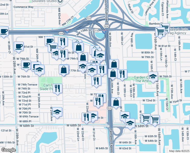 map of restaurants, bars, coffee shops, grocery stores, and more near 2093 West 76th Street in Hialeah