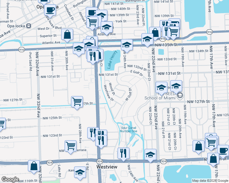 map of restaurants, bars, coffee shops, grocery stores, and more near 12821 Wood Street in Miami