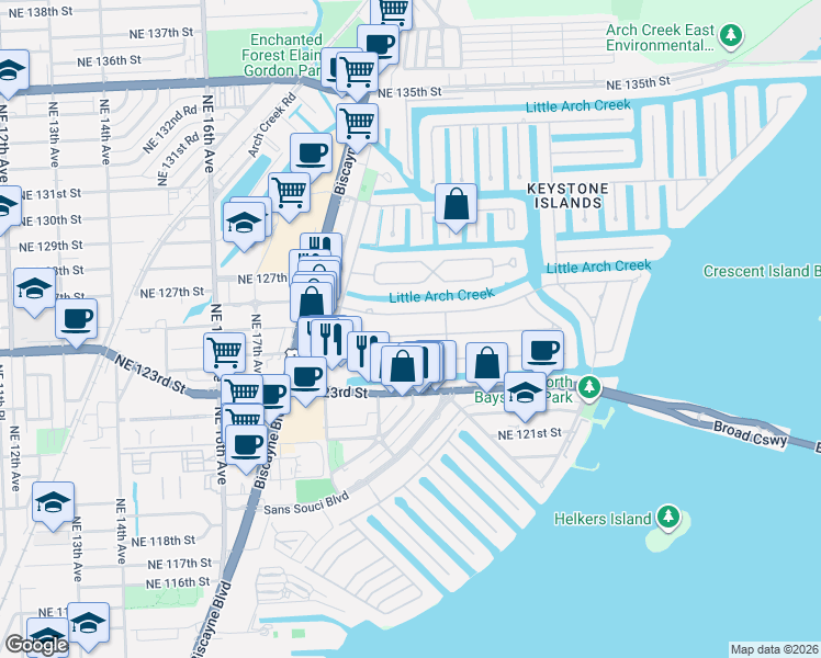 map of restaurants, bars, coffee shops, grocery stores, and more near 1955 Alamanda Drive in North Miami