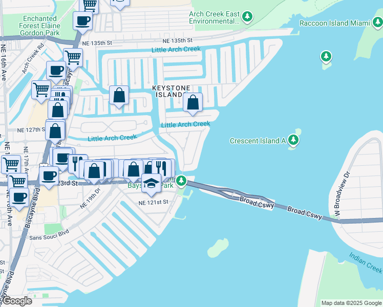 map of restaurants, bars, coffee shops, grocery stores, and more near 12430 Keystone Island Drive in North Miami