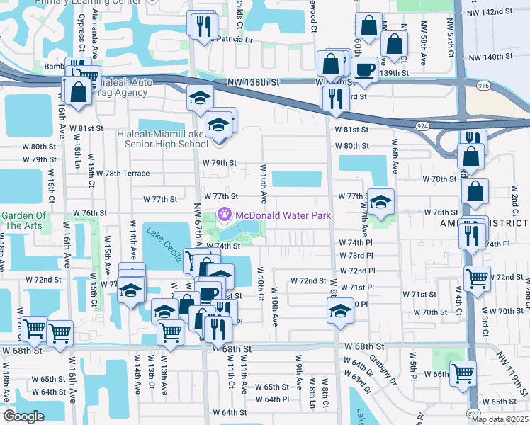 map of restaurants, bars, coffee shops, grocery stores, and more near 1005 West 76th Street in Hialeah