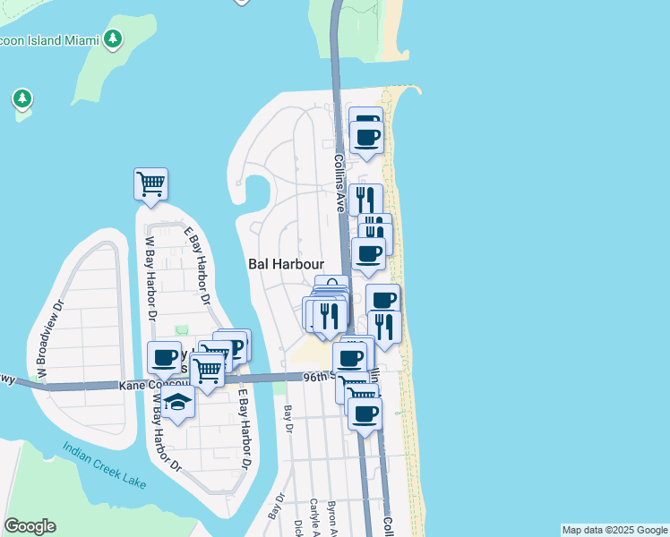 map of restaurants, bars, coffee shops, grocery stores, and more near in Bal Harbour