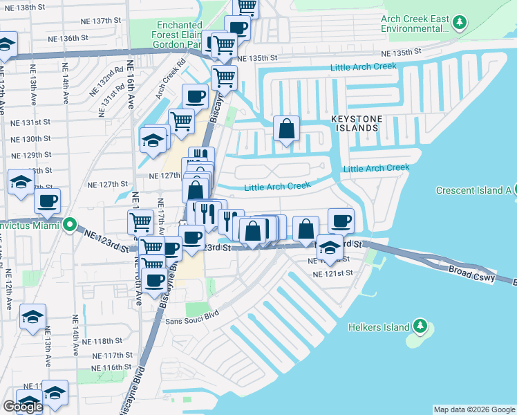 map of restaurants, bars, coffee shops, grocery stores, and more near 1955 Alamanda Drive in North Miami