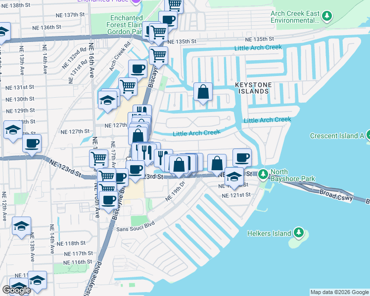 map of restaurants, bars, coffee shops, grocery stores, and more near 1955 Alamanda Drive in North Miami