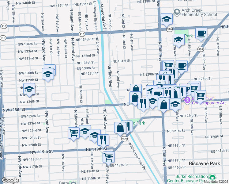 map of restaurants, bars, coffee shops, grocery stores, and more near 242 Northeast 127th Street in North Miami