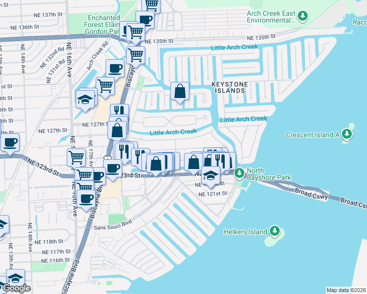 map of restaurants, bars, coffee shops, grocery stores, and more near 2015 Alamanda Drive in North Miami