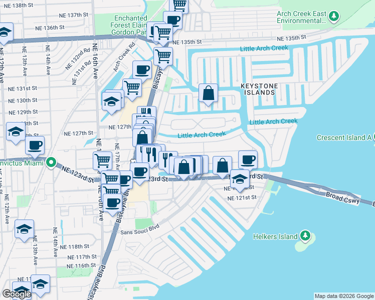 map of restaurants, bars, coffee shops, grocery stores, and more near 1955 Alamanda Drive in North Miami