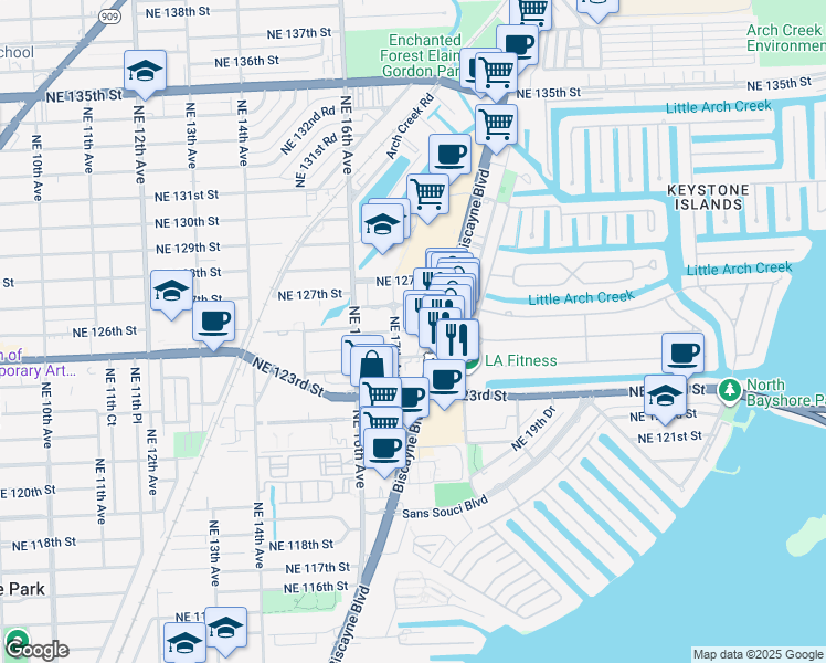 map of restaurants, bars, coffee shops, grocery stores, and more near 1704 Northeast 125th Street in North Miami