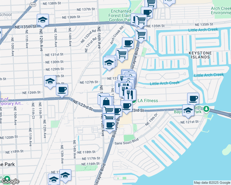 map of restaurants, bars, coffee shops, grocery stores, and more near 1704 Northeast 125th Street in North Miami