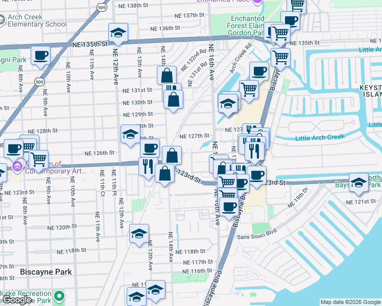 map of restaurants, bars, coffee shops, grocery stores, and more near 1470 Northeast 125th Terrace in North Miami
