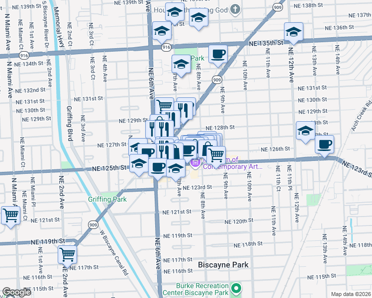 map of restaurants, bars, coffee shops, grocery stores, and more near 721 Northeast 126th Street in North Miami