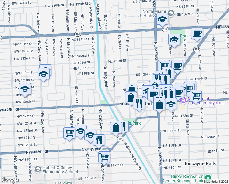 map of restaurants, bars, coffee shops, grocery stores, and more near 242 Northeast 127th Street in North Miami