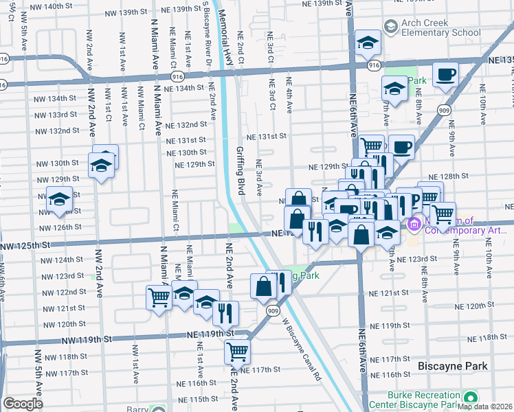 map of restaurants, bars, coffee shops, grocery stores, and more near 242 Northeast 127th Street in North Miami