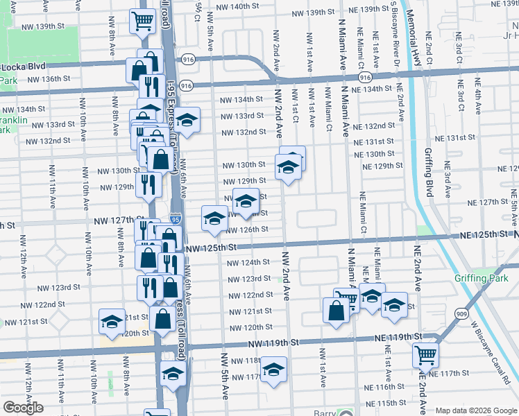 map of restaurants, bars, coffee shops, grocery stores, and more near 12700 Northwest 4th Avenue in North Miami