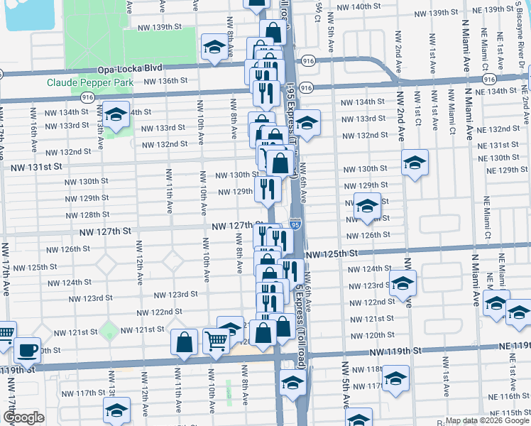 map of restaurants, bars, coffee shops, grocery stores, and more near in North Miami