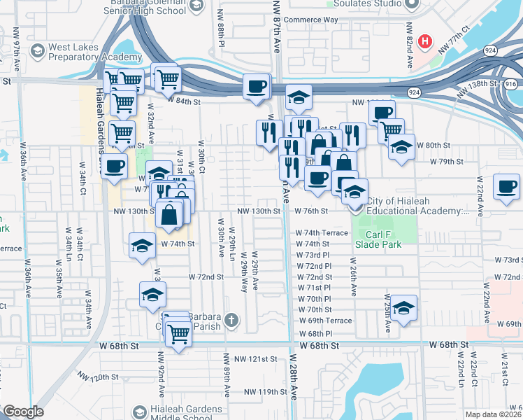 map of restaurants, bars, coffee shops, grocery stores, and more near 2875 West 75th Terrace in Hialeah