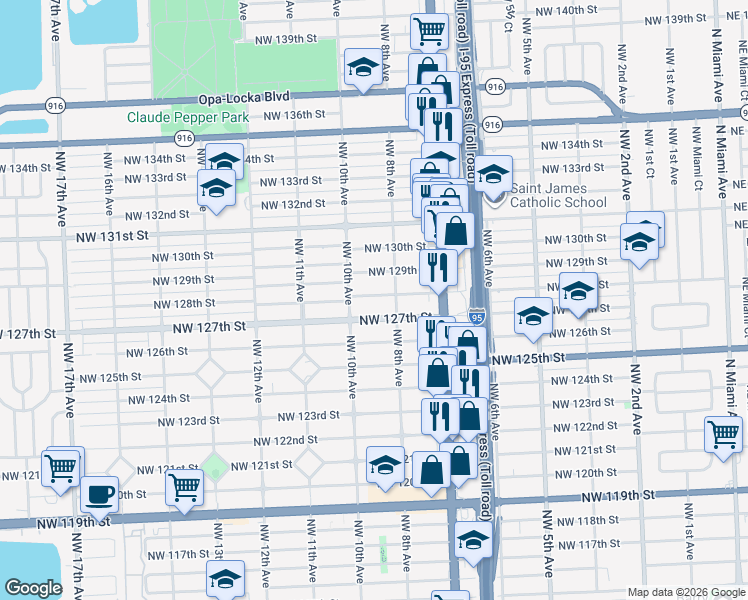 map of restaurants, bars, coffee shops, grocery stores, and more near 850 Northwest 128th Street in North Miami