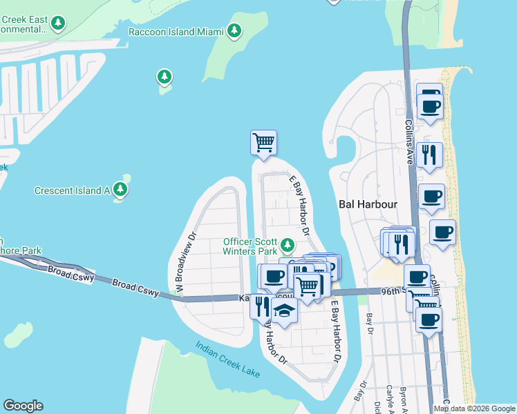 map of restaurants, bars, coffee shops, grocery stores, and more near 10161 East Broadview Drive in Bay Harbor Islands