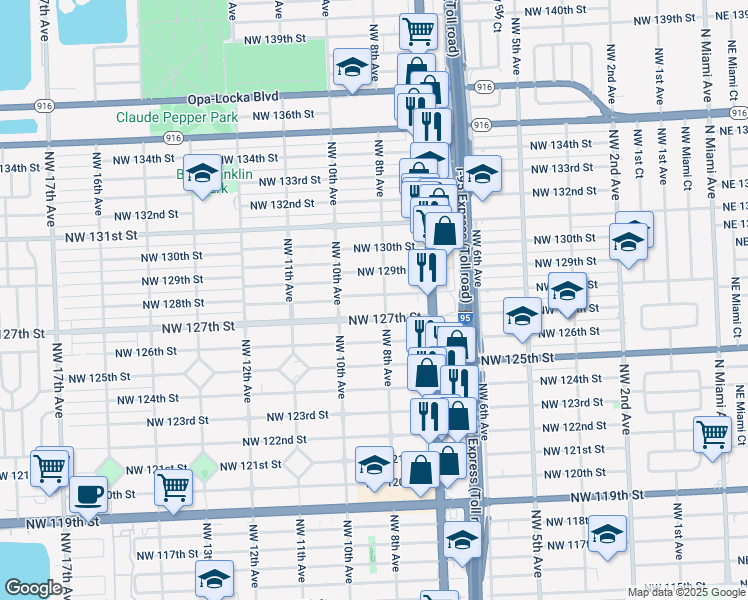 map of restaurants, bars, coffee shops, grocery stores, and more near 820 Northwest 128th Street in North Miami