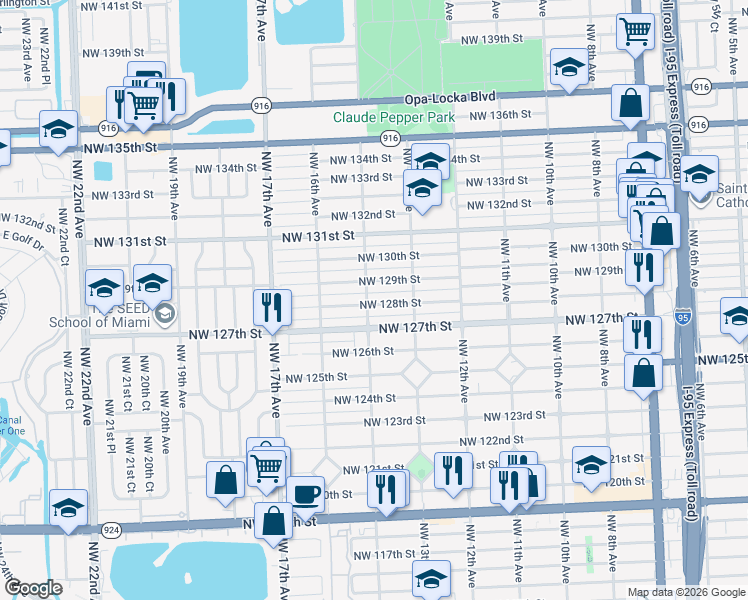 map of restaurants, bars, coffee shops, grocery stores, and more near 1385 Northwest 128th Street in North Miami