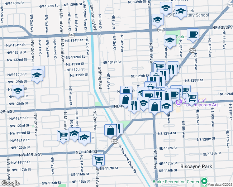 map of restaurants, bars, coffee shops, grocery stores, and more near 340 Northeast 127th Street in North Miami