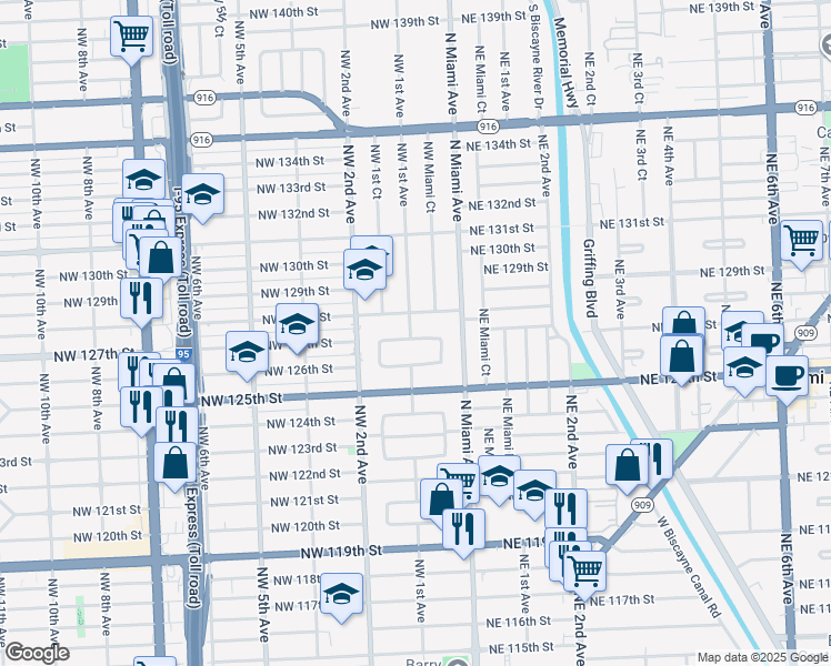map of restaurants, bars, coffee shops, grocery stores, and more near 12705 Northwest 1st Avenue in North Miami