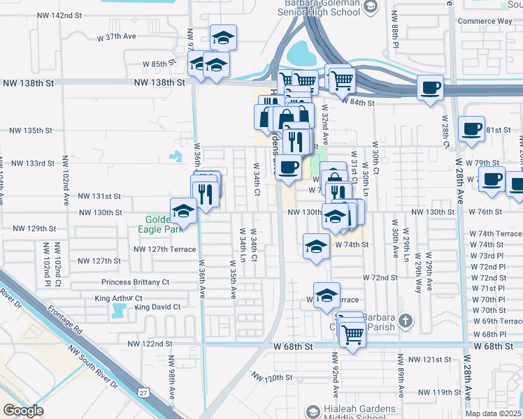 map of restaurants, bars, coffee shops, grocery stores, and more near 7601 West 34th Court in Hialeah