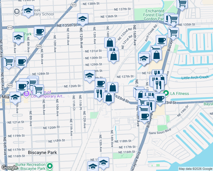 map of restaurants, bars, coffee shops, grocery stores, and more near 12512 Northeast 14th Avenue in North Miami