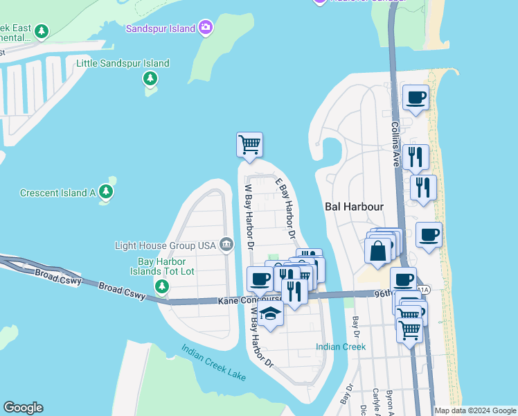 map of restaurants, bars, coffee shops, grocery stores, and more near 1164 101st Street in Bay Harbor Islands