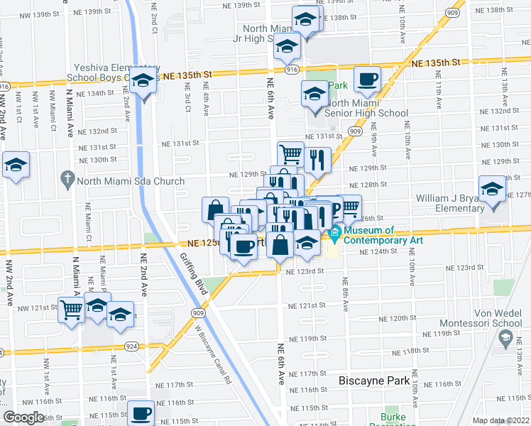map of restaurants, bars, coffee shops, grocery stores, and more near in North Miami