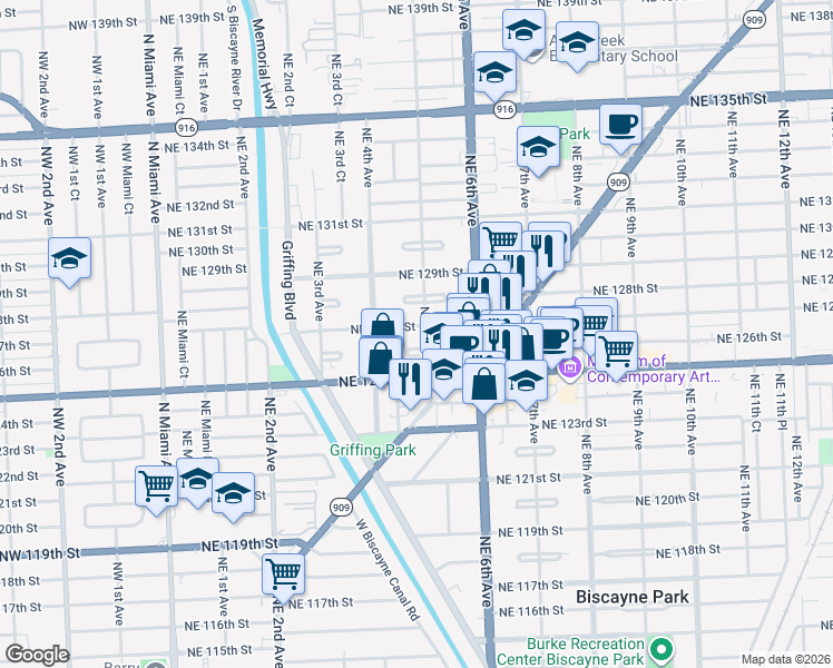 map of restaurants, bars, coffee shops, grocery stores, and more near 12605 Northeast 5th Avenue in North Miami