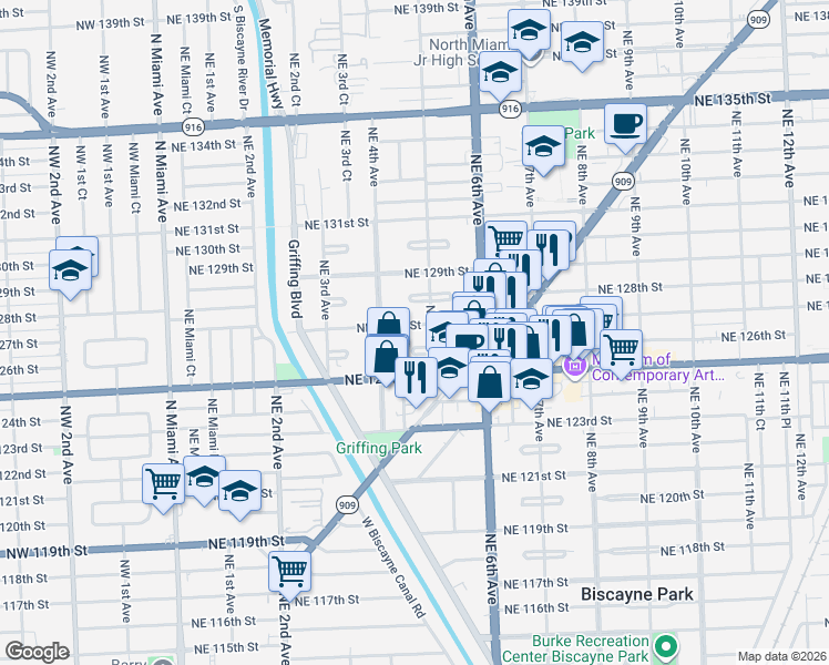 map of restaurants, bars, coffee shops, grocery stores, and more near 12605 Northeast 5th Avenue in North Miami
