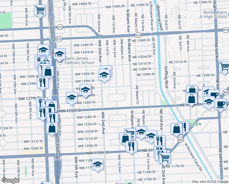 map of restaurants, bars, coffee shops, grocery stores, and more near 12705 Northwest 1st Avenue in North Miami