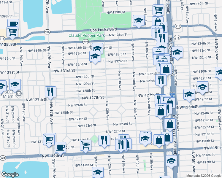 map of restaurants, bars, coffee shops, grocery stores, and more near 1185 Northwest 128th Street in North Miami