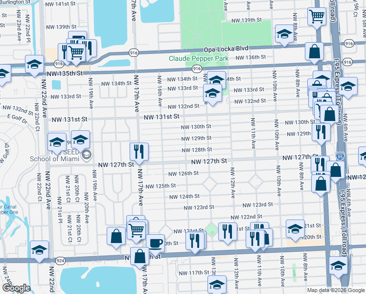map of restaurants, bars, coffee shops, grocery stores, and more near 1385 Northwest 128th Street in North Miami