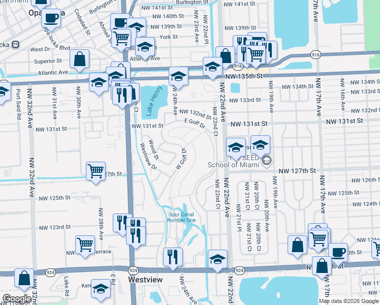 map of restaurants, bars, coffee shops, grocery stores, and more near 12601-12899 W Golf Dr in Miami