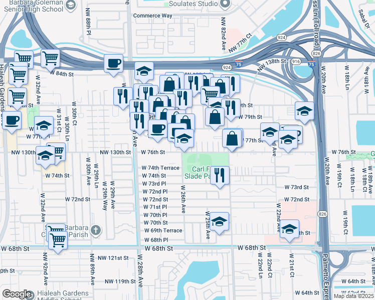 map of restaurants, bars, coffee shops, grocery stores, and more near 2589 West 76th Street in Hialeah